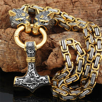 Thumbnail for 60-90cm Stainless Steel DOUBLE WOLF Head & Mjolnir SURVIVAL SPIRIT Necklace/Bracelet