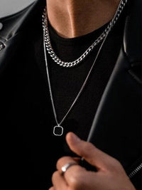 Thumbnail for Stainless Steel Men's Necklace Set with Geometric Onyx Pendant and Chain