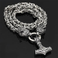 Thumbnail for 60-90cm Stainless Steel DOUBLE WOLF Head & Mjolnir SURVIVAL SPIRIT Necklace/Bracelet