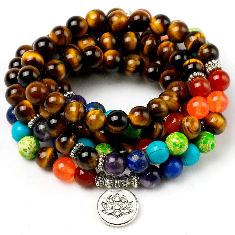 108 Tiger Eye Beads Mala X Six True Words Mantra Charm
