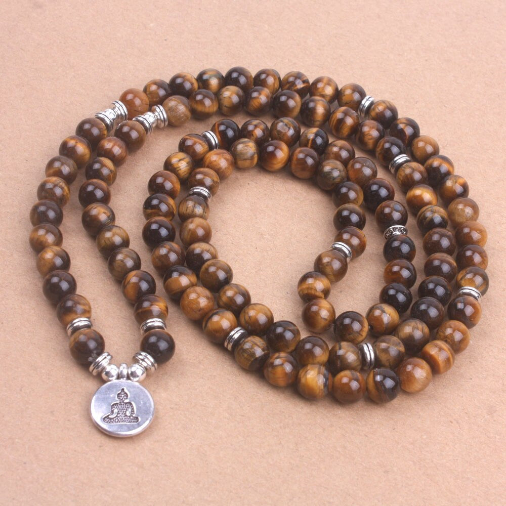 108 Tiger Eye Buddha Mala Beads Necklace