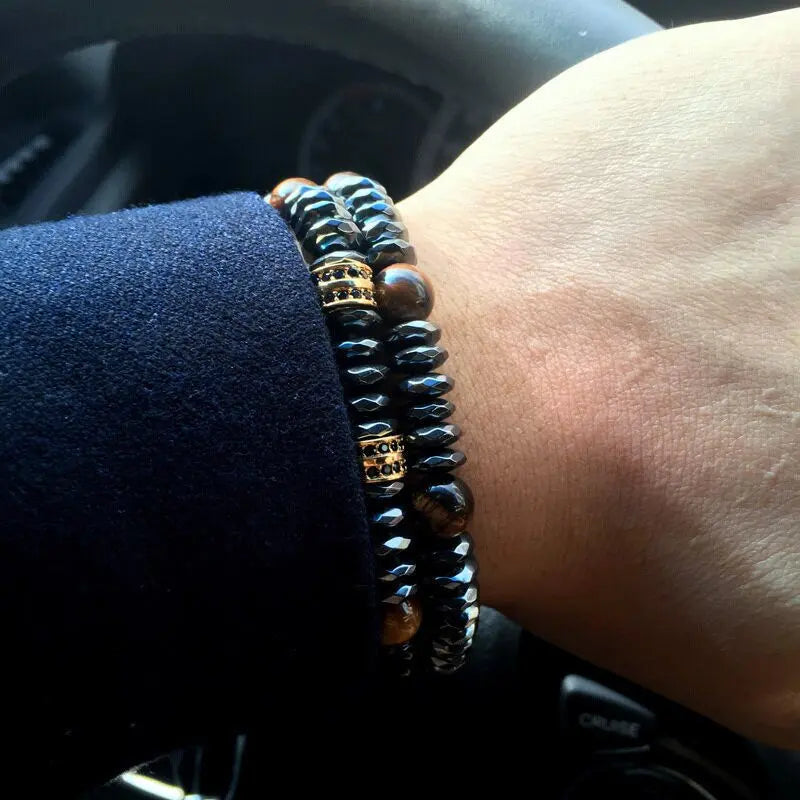 Elegant Hematite & Tiger's Eye Crystal Paved Bracelet YourSoulPlace.com