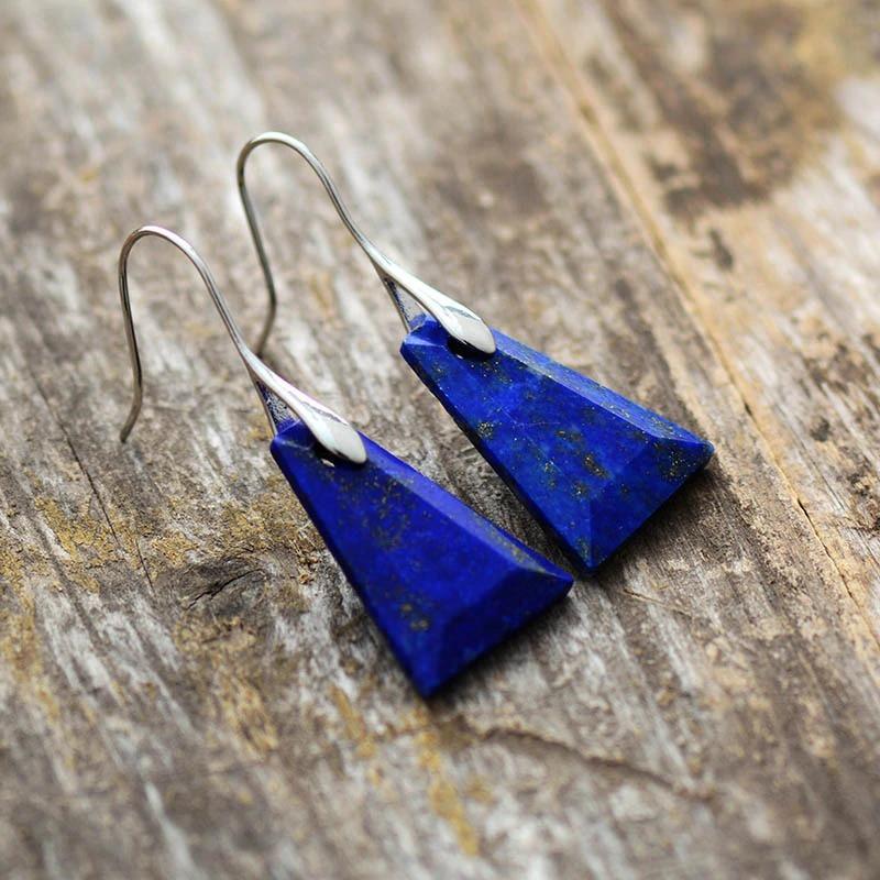 Natural Lapis Lazuli Triangle Dangle Drop Earrings-Your Soul Place
