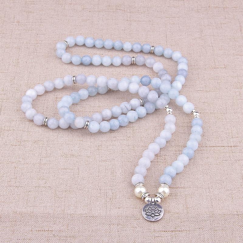 108 Aquamarin Beads Mala with Lotus Charm-Your Soul Place