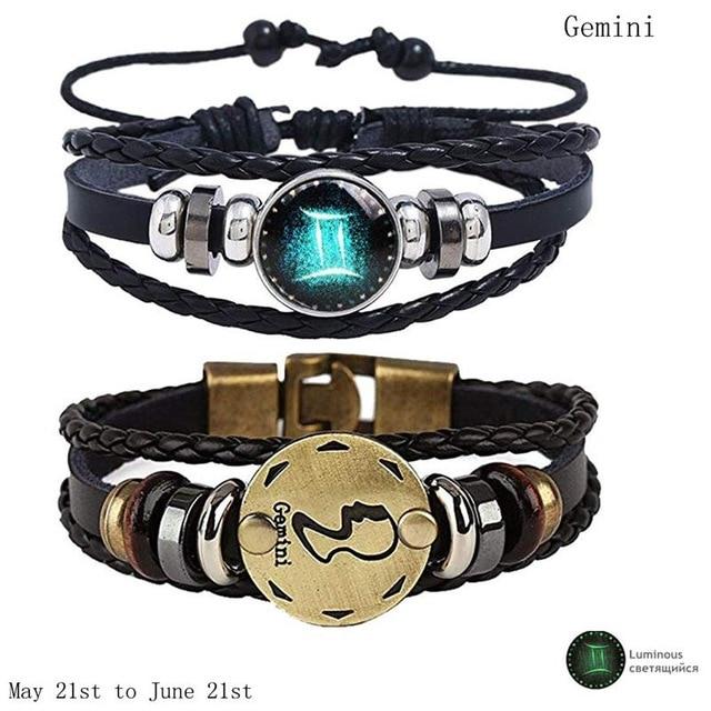 Zodiac Constellation 2 Bracelets Set - Luminous Charm Leather Bracelet + Gold Color Charm Leather Bracelet