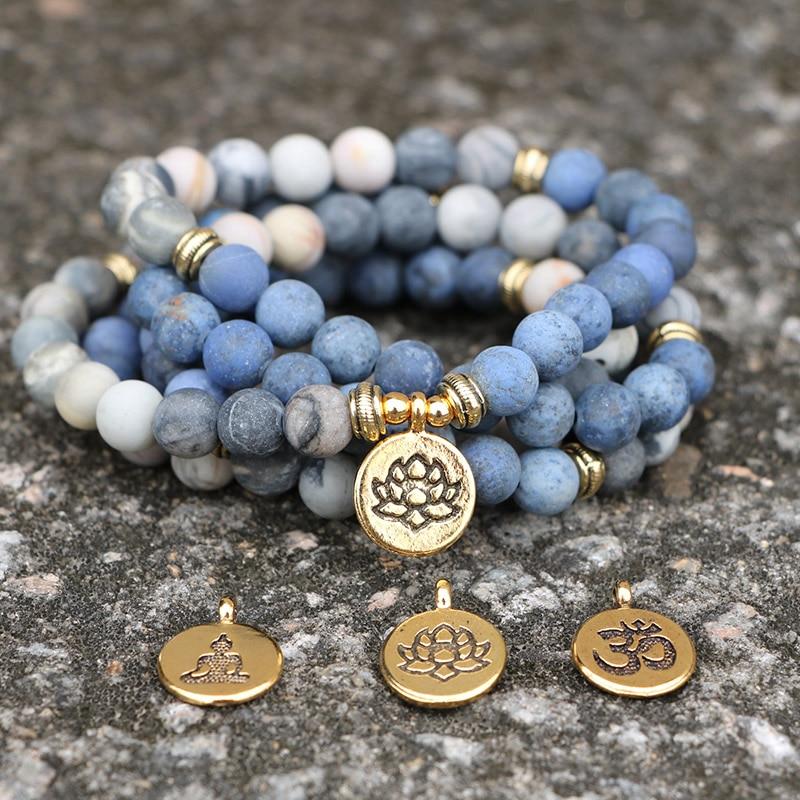 108 Matte Blue Stone X Picasso Stone Beads Mala with Lotus / Om / Buddha Charm-Your Soul Place