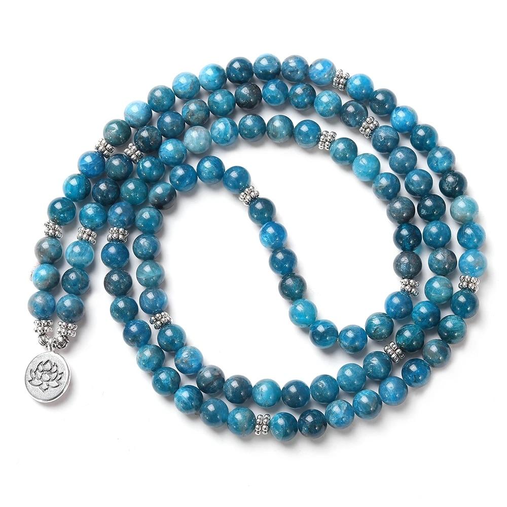 108 Blue Apatite Beads Mala Bracelet with Lotus / OM / Buddha Charm-Your Soul Place