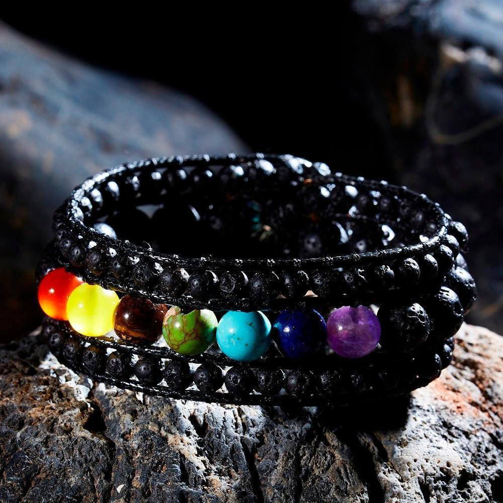 7 Chakra Black Lava Stone Wrap Bracelet-Your Soul Place