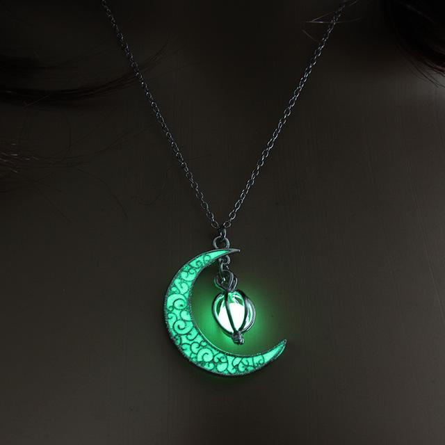 Glow In the Dark Crescent Moon Luminous Stone Beads Pendant Necklace-Your Soul Place