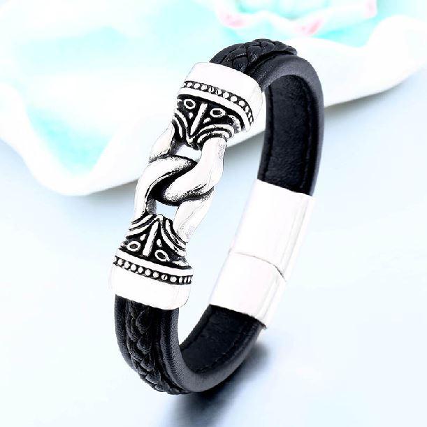 Mens Steel & Leather Viking Inspired Designs Bracelet