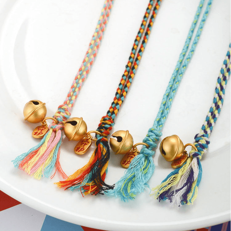 Hand Woven Multicolored 'PICK ME UP' Rope Bell Bracelet