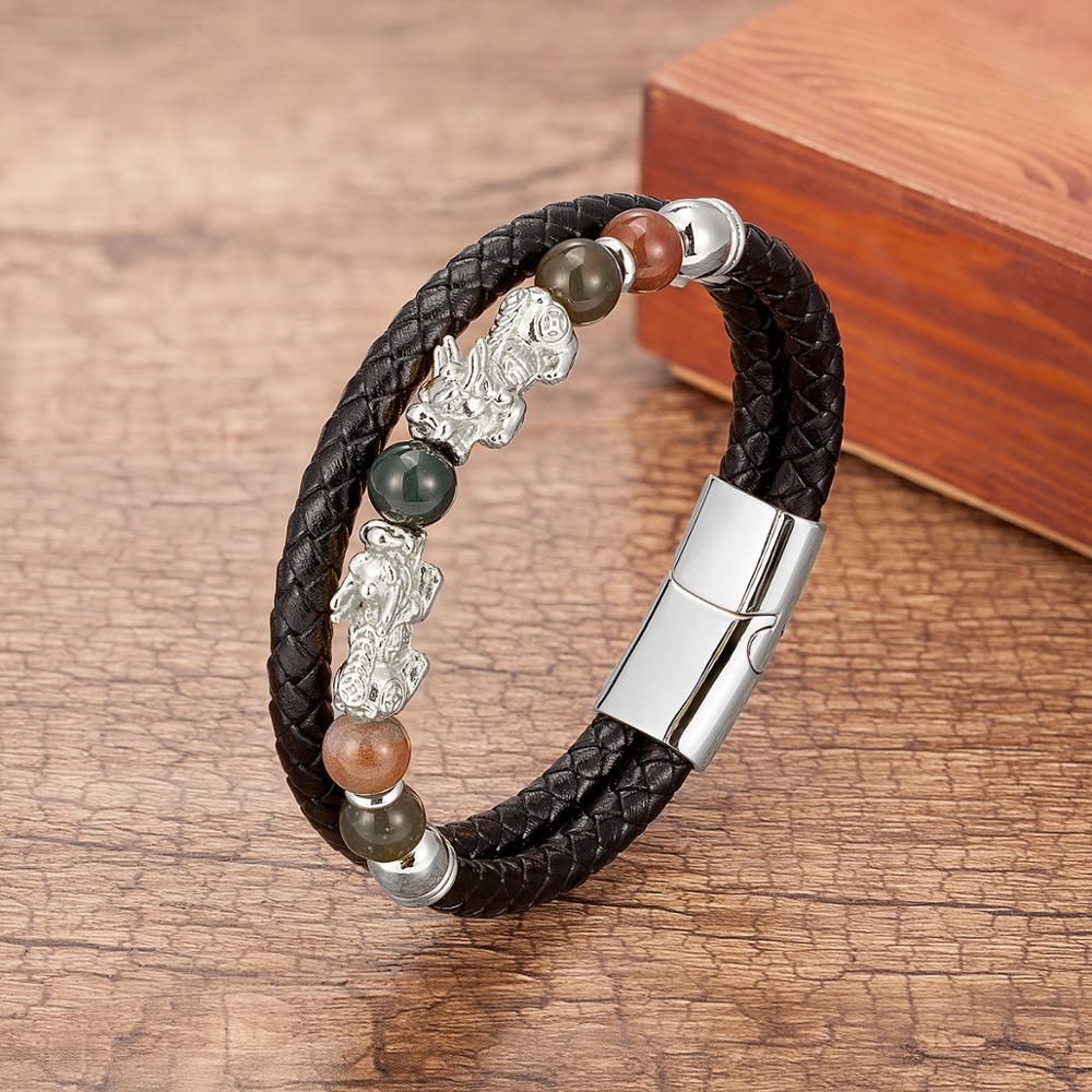 Stainless Steel , Leather & Natural Stone Feng Shui PIXIU for ABUNDANCE Bracelet-10 Variants