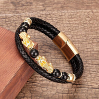 Thumbnail for Stainless Steel , Leather & Natural Stone Feng Shui PIXIU for ABUNDANCE Bracelet-10 Variants