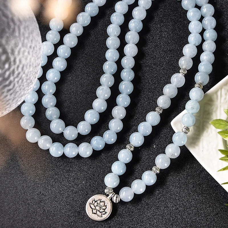 108 Natural White Chalcedony Beads Mala with Leaf Lotus Buddha Charm
