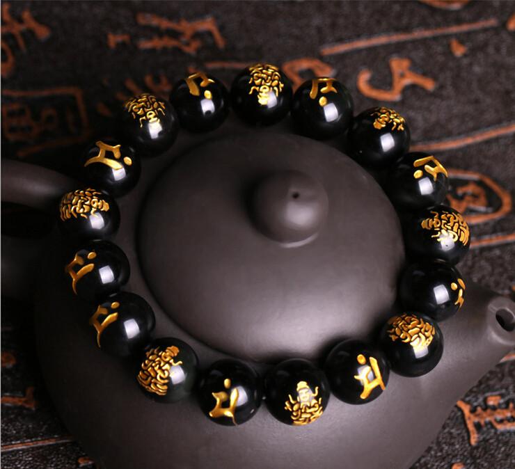 Natural  Black Obsidian Carved Buddha Lucky Bracelet