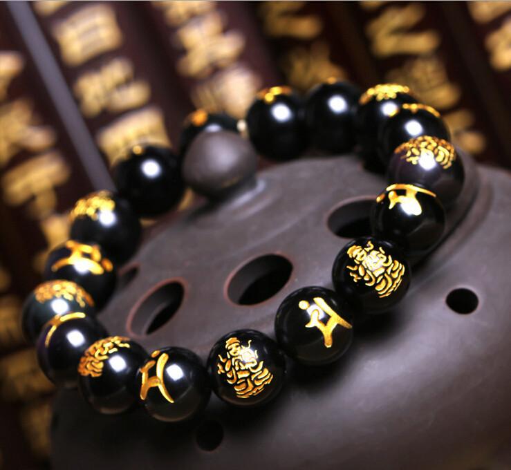 Natural  Black Obsidian Carved Buddha Lucky Bracelet
