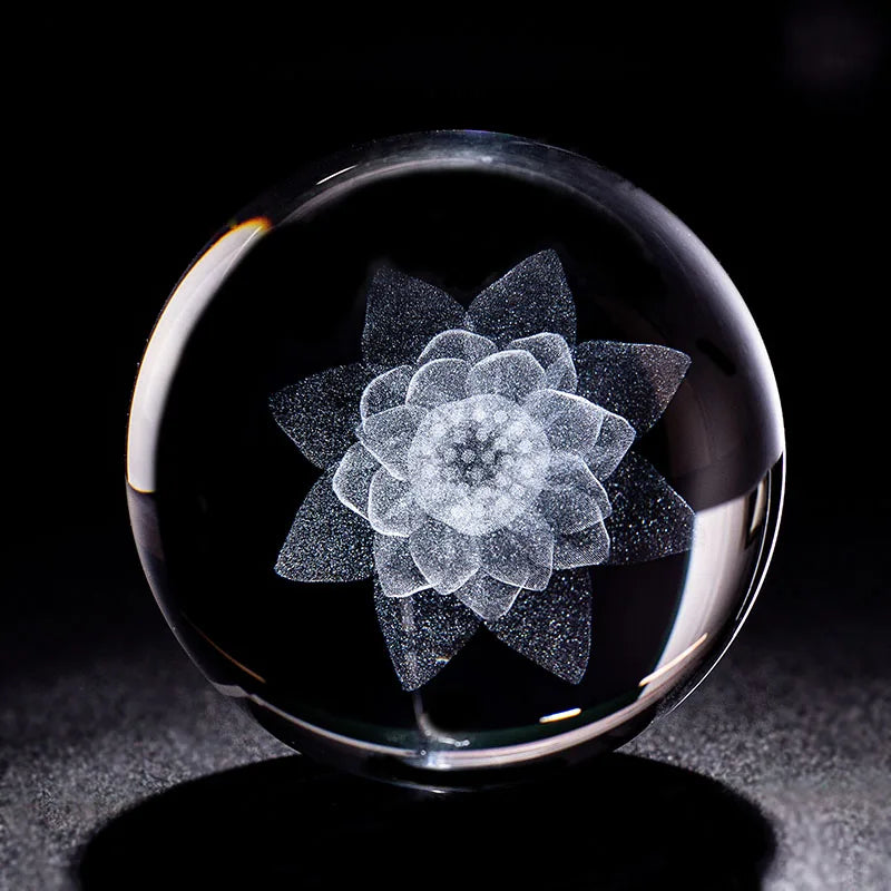 3.14 Engraved Lotus Flower Crystal Ball With Color-Changing LED Base | Glass Decorative Figurine, Gift For Women
