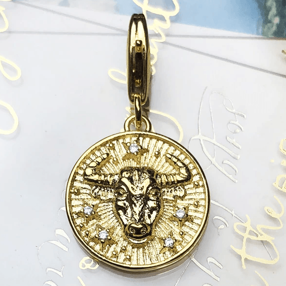 Silver & Zirconia TAURUS Zodiac Charm in Gold
