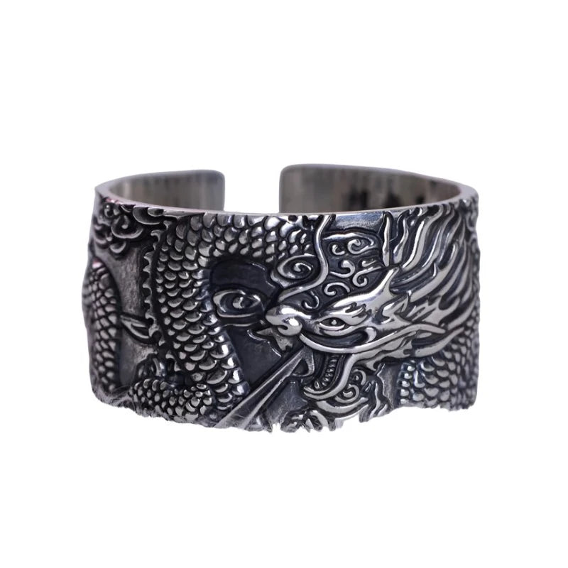 Silver Dragon Spirit with Heart Sutra Mantra Ring