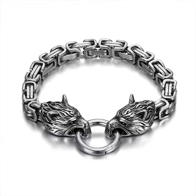 Stainless Steel Nordic DOUBLE WOLF Head ANIMAL SPIRIT King Chain Bracelet YourSoulPlace