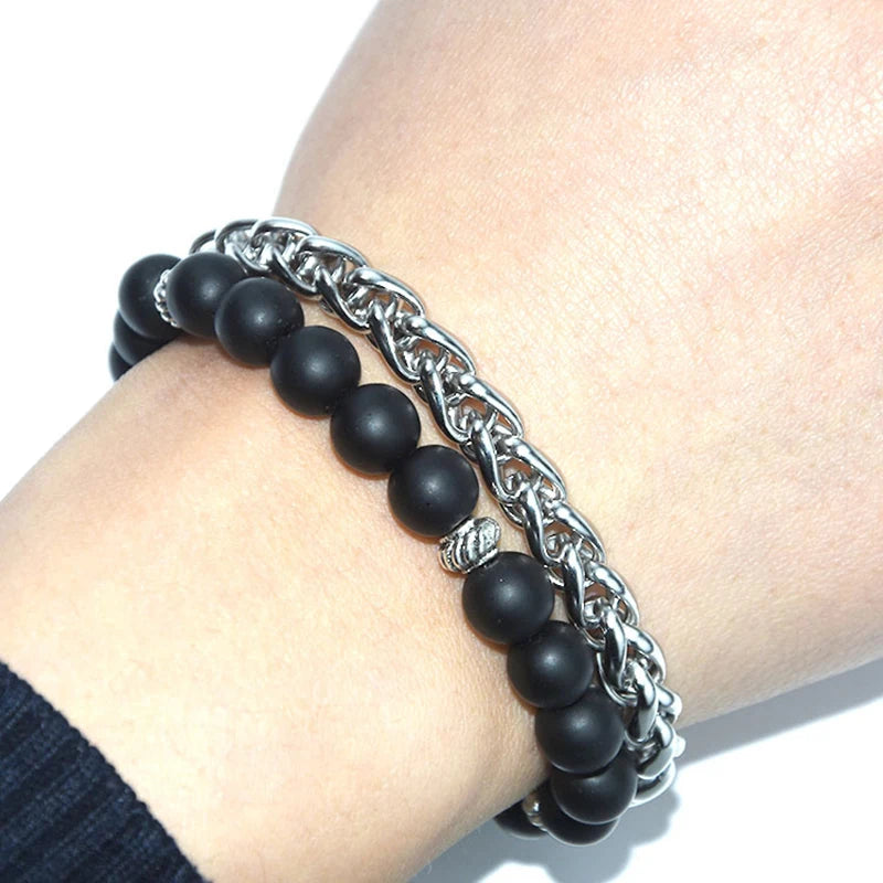 2pcs/set Steel Wheat Chain & Onyx Stone RELEASE EMOTIONS Bracelets