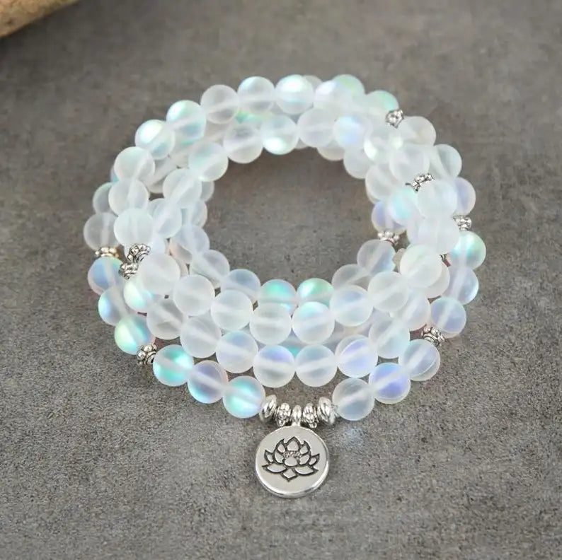 108 Moonlight Crystal White Matte Beads Mala Bracelet YourSoulPlace.com