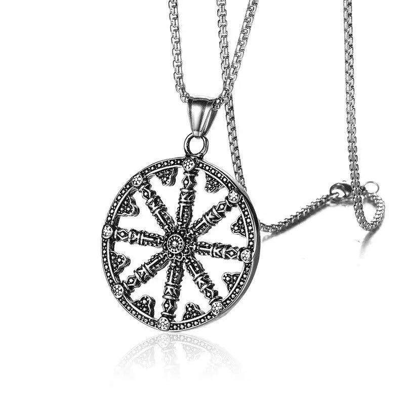 The Symbol of Buddhism- Dharma Chakra Wheel Stainless steel Pendant Necklace