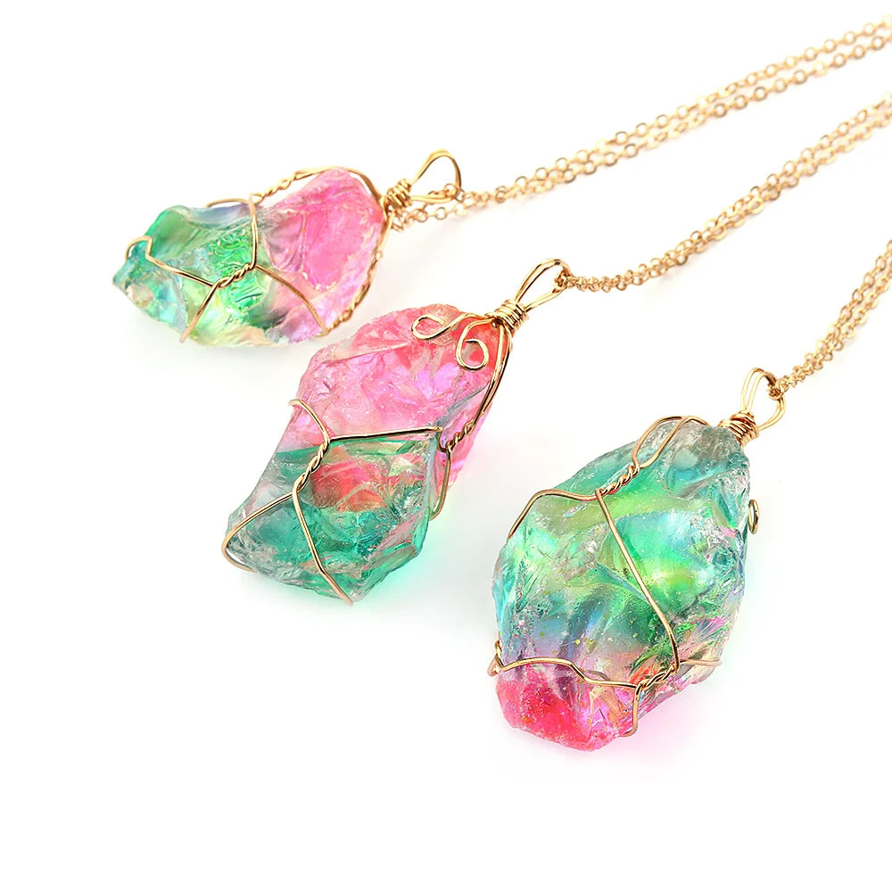 Rainbow Aura Natural Quartz Stone Pendant Necklace