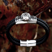 Thumbnail for Mens Leather & Steel Buddha Bracelet- Gold & Silver finishes YourSoulPlace