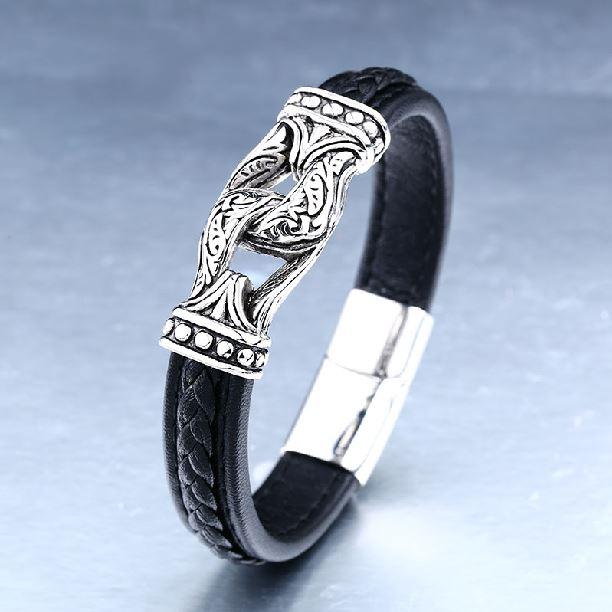 Mens Steel & Leather Viking Inspired Designs Bracelet