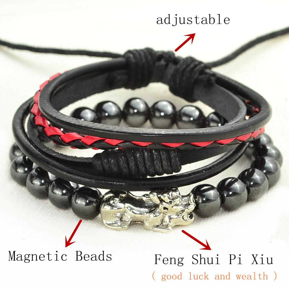 2 pc Multi-Layer Feng Shui  WEALTH PIXIU, Leather & Hematite Men's Bracelet Set