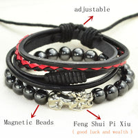 Thumbnail for 2 pc Multi-Layer Feng Shui  WEALTH PIXIU, Leather & Hematite Men's Bracelet Set