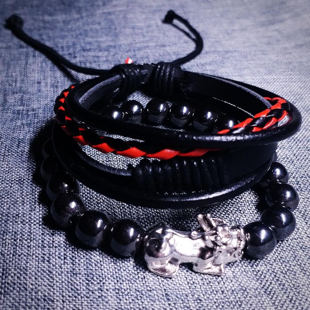 2 pc Multi-Layer Feng Shui  WEALTH PIXIU, Leather & Hematite Men's Bracelet Set