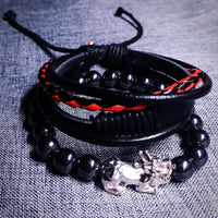 Thumbnail for 2 pc Multi-Layer Feng Shui  WEALTH PIXIU, Leather & Hematite Men's Bracelet Set