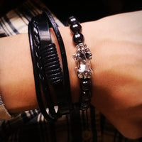 Thumbnail for 2 pc Multi-Layer Feng Shui  WEALTH PIXIU, Leather & Hematite Men's Bracelet Set