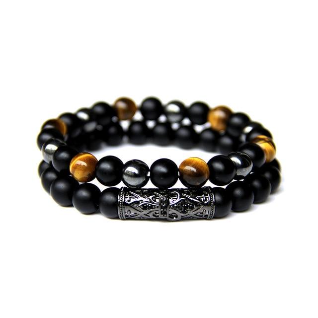 Men's 2 pc Onyx with Botswana Agate/ Tiger Eye/ Hematite  GROUNDING Bracelet Set