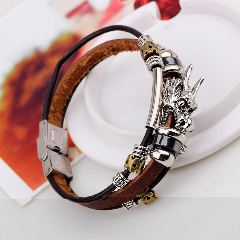 Mens' Tibetan Dragon Leather Bracelet