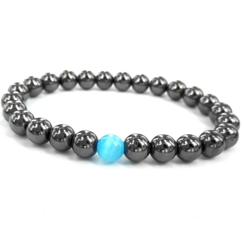 Black Magnetic Hematite Men's HEALTH & Energy Bracelet with Blue Cat's Eye Stone