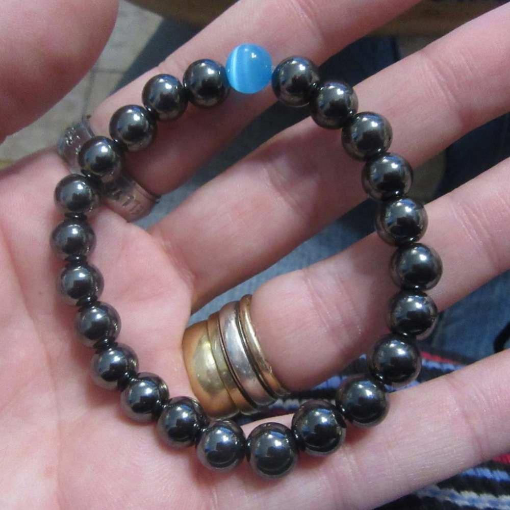 Black Magnetic Hematite Men's HEALTH & Energy Bracelet with Blue Cat's Eye Stone