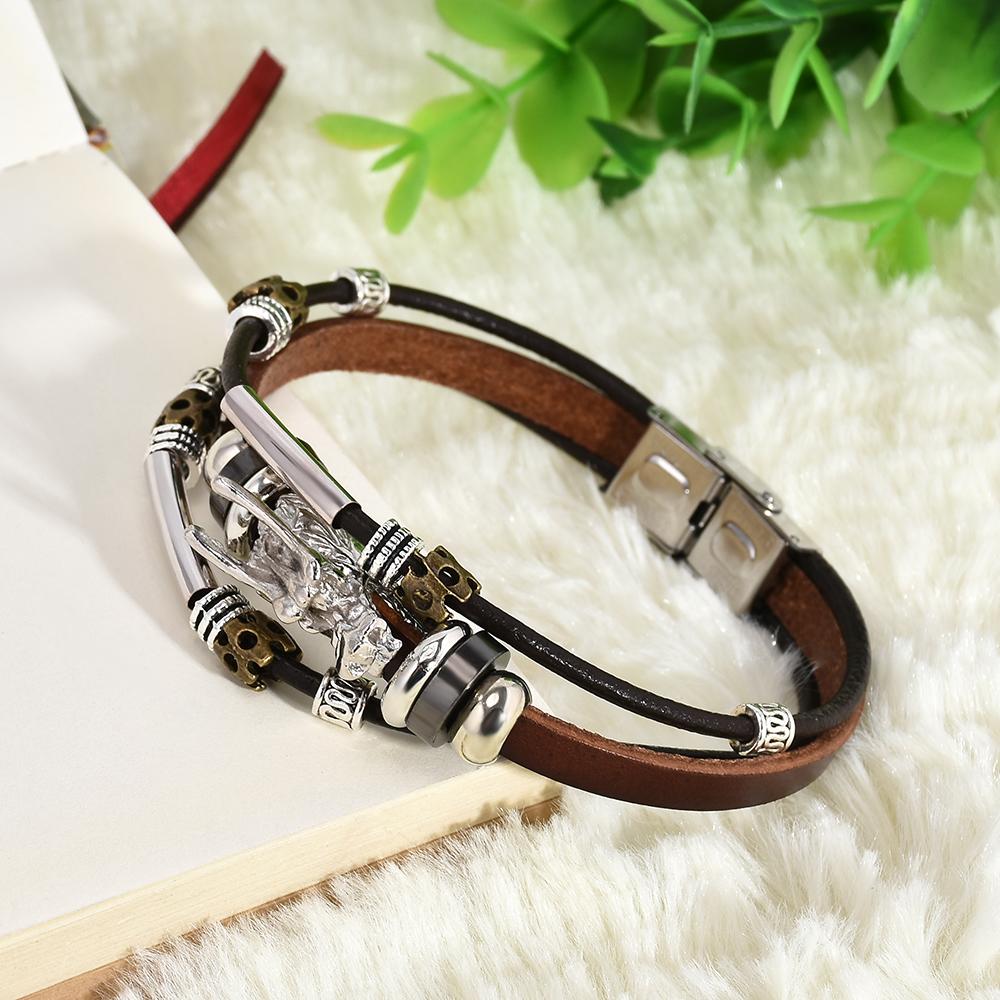 Mens' Tibetan Dragon Leather Bracelet