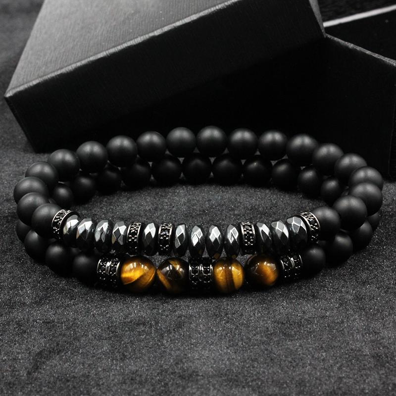 2 PCS Matte Beads with Hematite Pave Bracelet Set