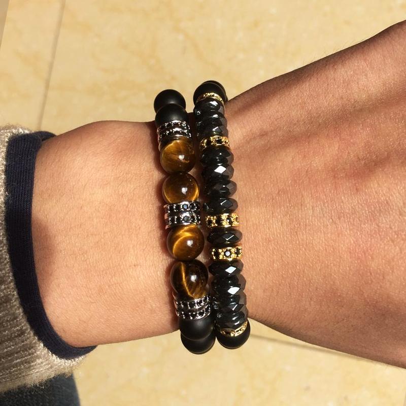 2 PCS Matte Beads with Hematite Pave Bracelet Set