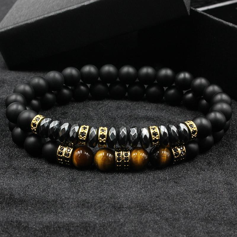 2 PCS Matte Beads with Hematite Pave Bracelet Set