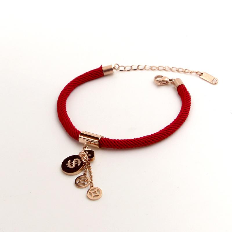 18k Plated Rose Gold Titanium Steel MONEY GOURD Red Rope Bracelet- No Fading!