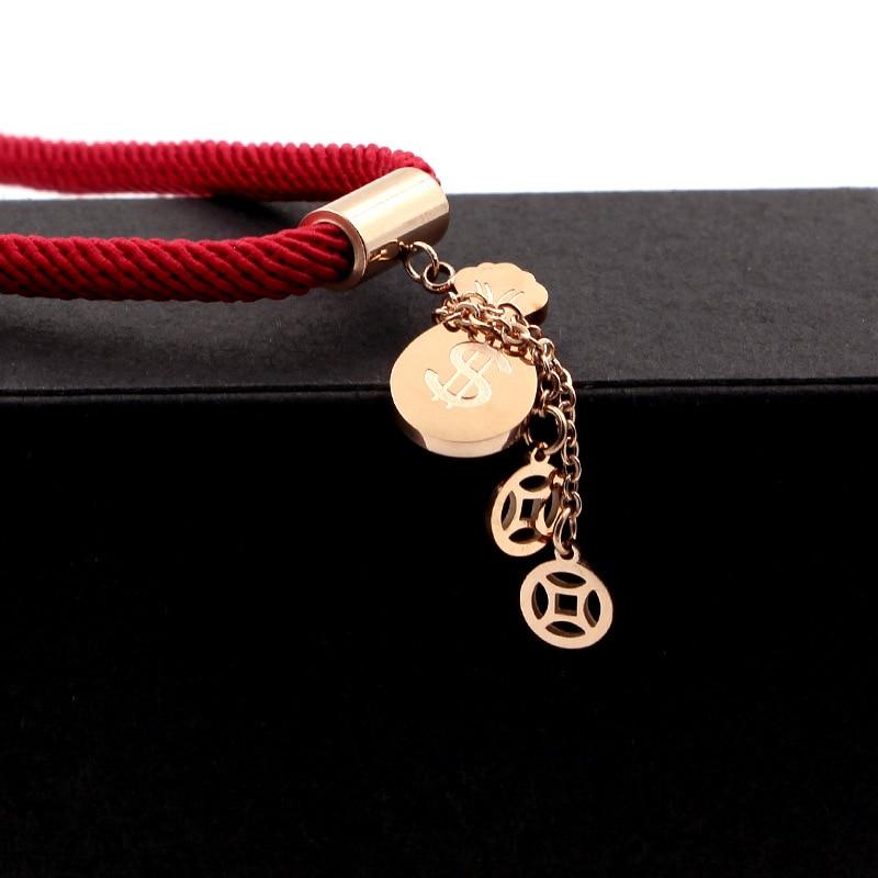 18k Plated Rose Gold Titanium Steel MONEY GOURD Red Rope Bracelet- No Fading!