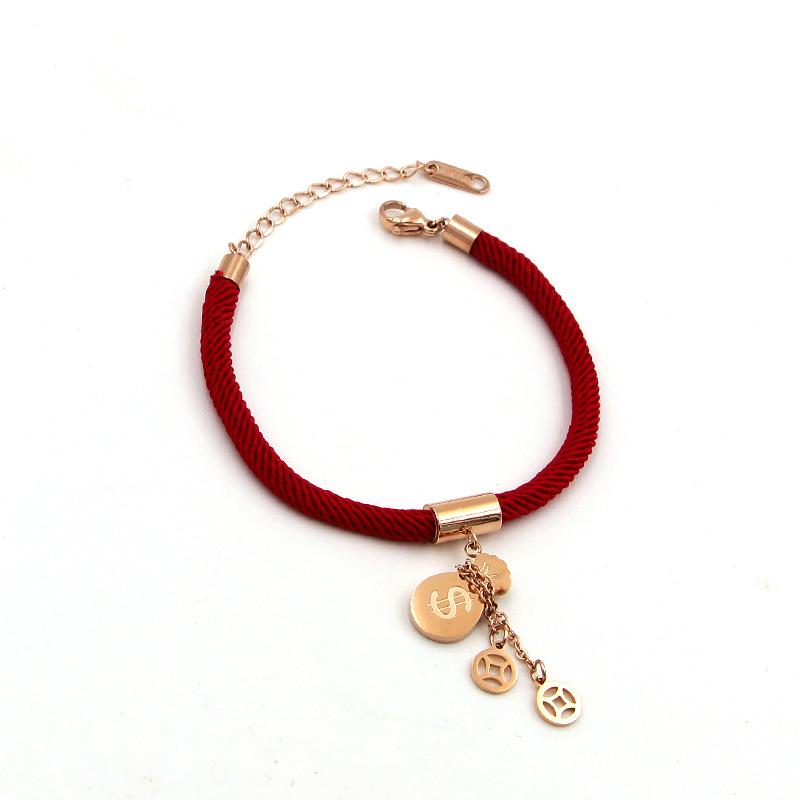 18k Plated Rose Gold Titanium Steel MONEY GOURD Red Rope Bracelet- No Fading!