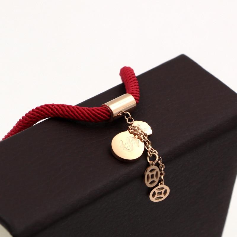 18k Plated Rose Gold Titanium Steel MONEY GOURD Red Rope Bracelet- No Fading!