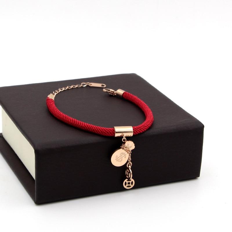 18k Plated Rose Gold Titanium Steel MONEY GOURD Red Rope Bracelet- No Fading!