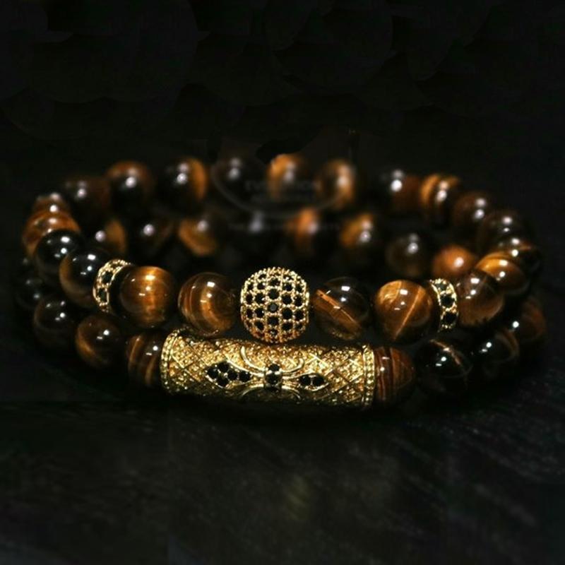 2Pcs  Natural Tiger Eye Stone Luxury Bracelet Set