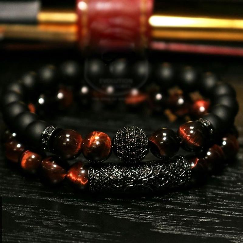 2Pcs  Natural Tiger Eye Stone Luxury Bracelet Set